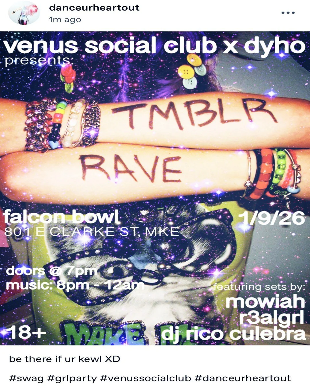 STARTING SOON 🦅 @thevenussocialclub2 x @dyho__ are crackin&rsquo; open the old internet and pouring it all over Riverwest. TMBLR RAVE at Falcon Hall TONIGHT w/ @r3algrl @djricoculebra &amp; @mowiah._