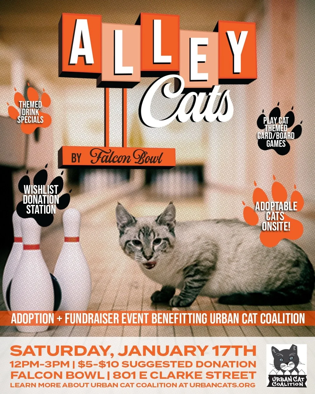New year, new giving goals? 😺 Alley Cats is our new quarterly adoption &amp; fundraiser event at Falcon Bowl! Stop by on Saturday, January 17th between 12PM-3PM for a cozy afternoon of adoptable cats, fundraising, supply donations, drink specials, &