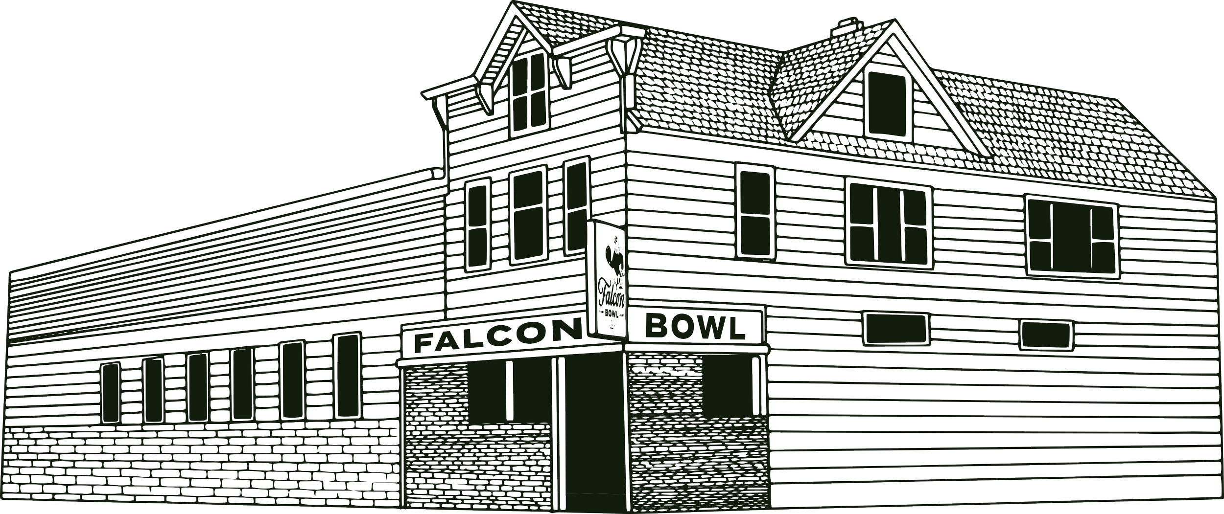 Black and white illustration of a multi-story building with signage for Falcon Bowl, including a brick and siding exterior and multiple windows.