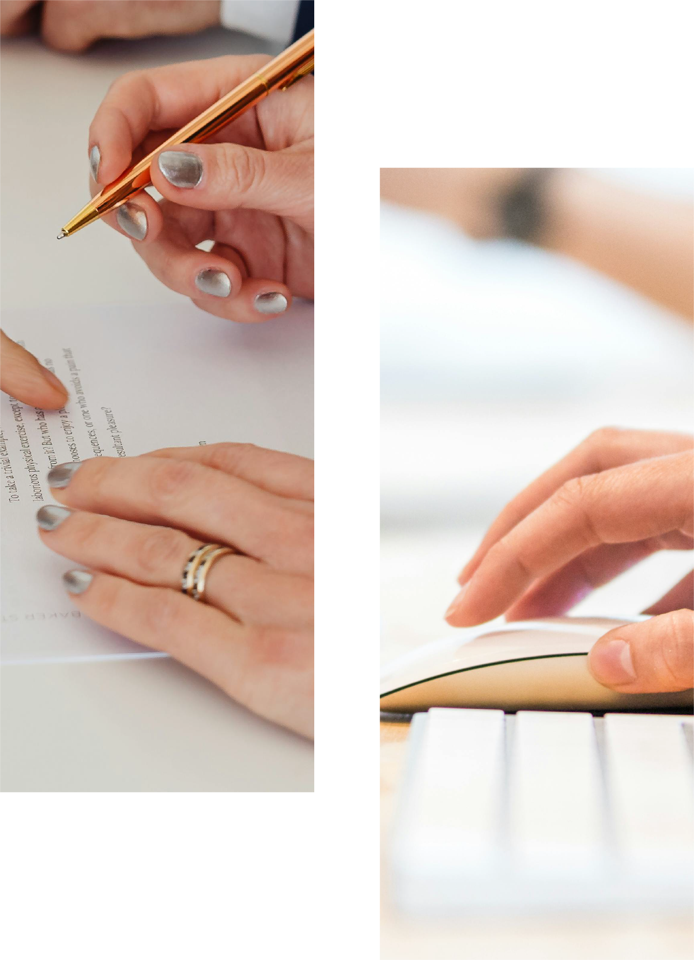 Close-up of a person holding a gold pen and pointing at a document on a white desk. Another hand with a ring is resting on the paper. A second person is typing on a white keyboard in the background.