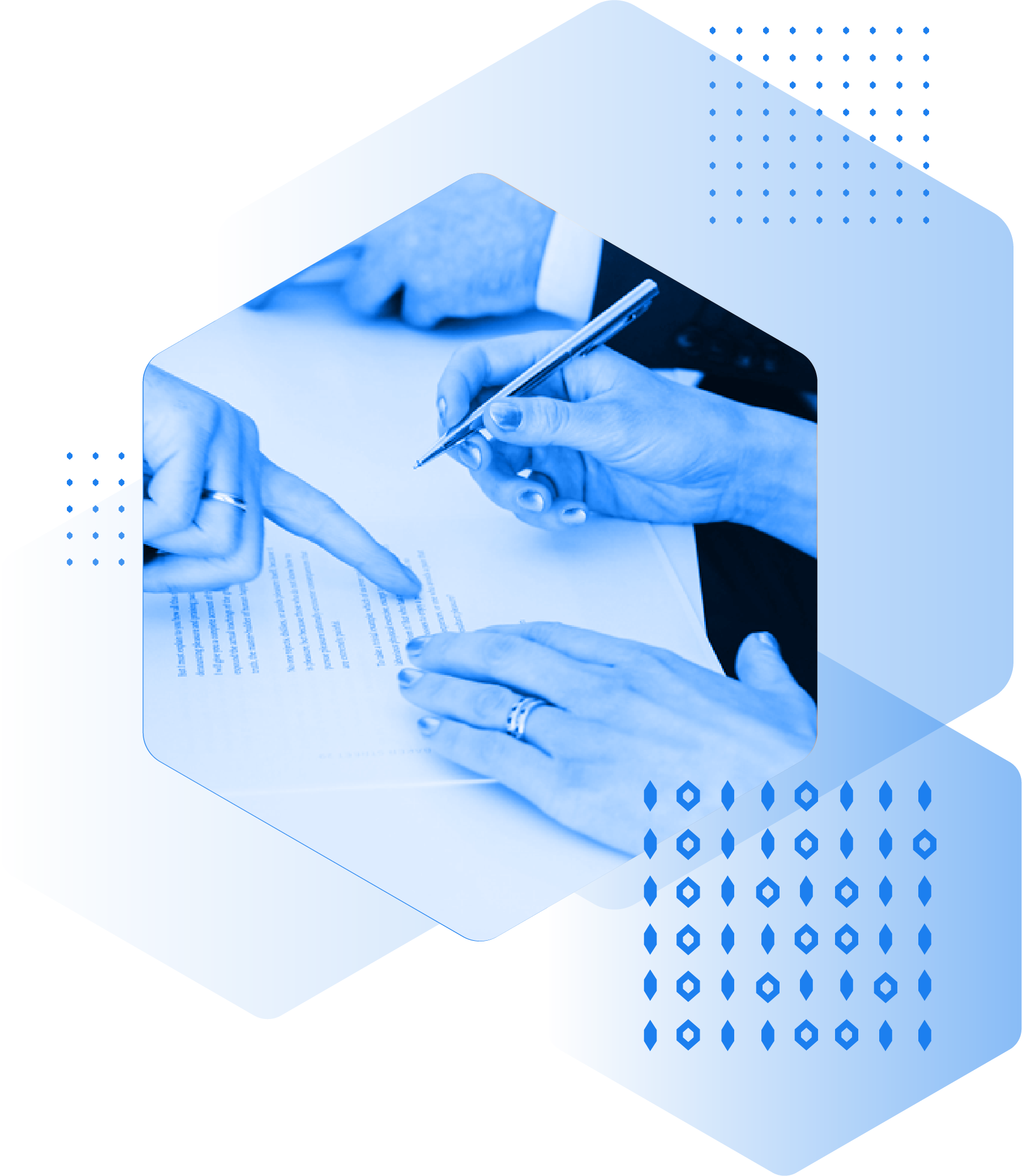 Two people reviewing and signing a document, one person pointing at the document with their finger and the other holding a pen.