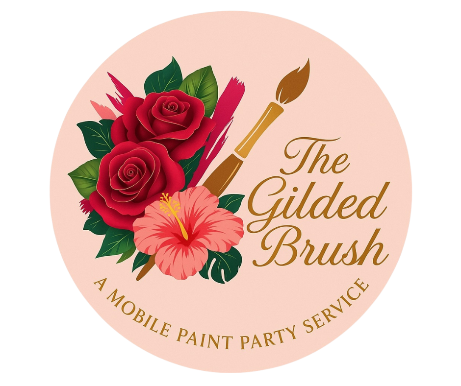 Logo for The Gilded Brush, a mobile paint party service, featuring red roses, a hibiscus flower, and a paintbrush on a pink background.