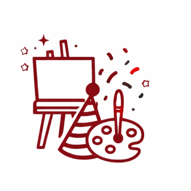 Illustration of an artist's palette, paintbrush, party hat, and a blank canvas on an easel with sparkles and confetti.