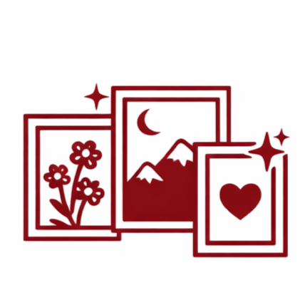 Three picture frames with simple icons: flowers, mountains with a moon, and a heart, arranged with stars.