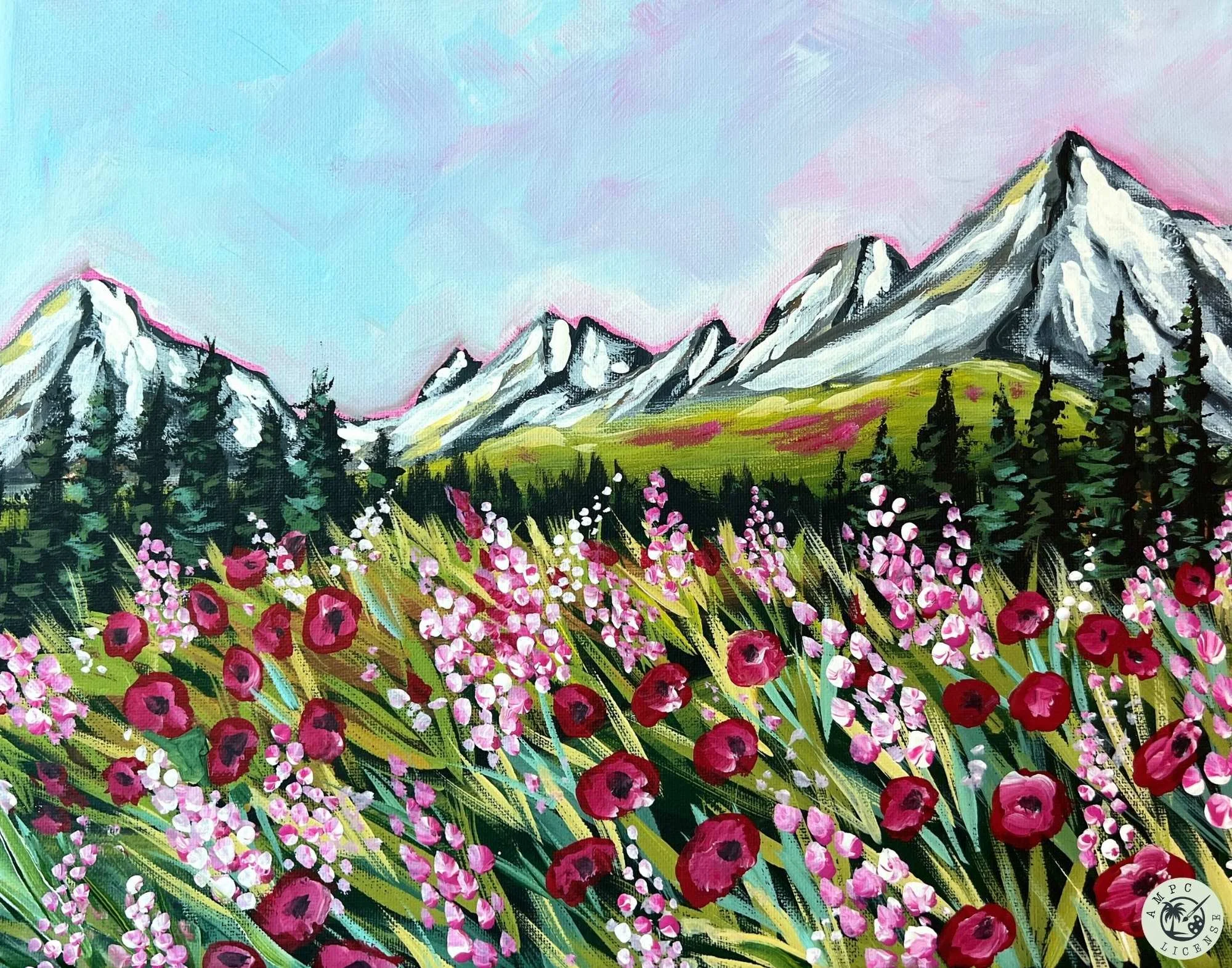 A colorful painting depicts a mountain landscape with snowy peaks, green hills, and a vibrant flower meadow in the foreground with pink, red, and white blossoms, and tall pine trees.
