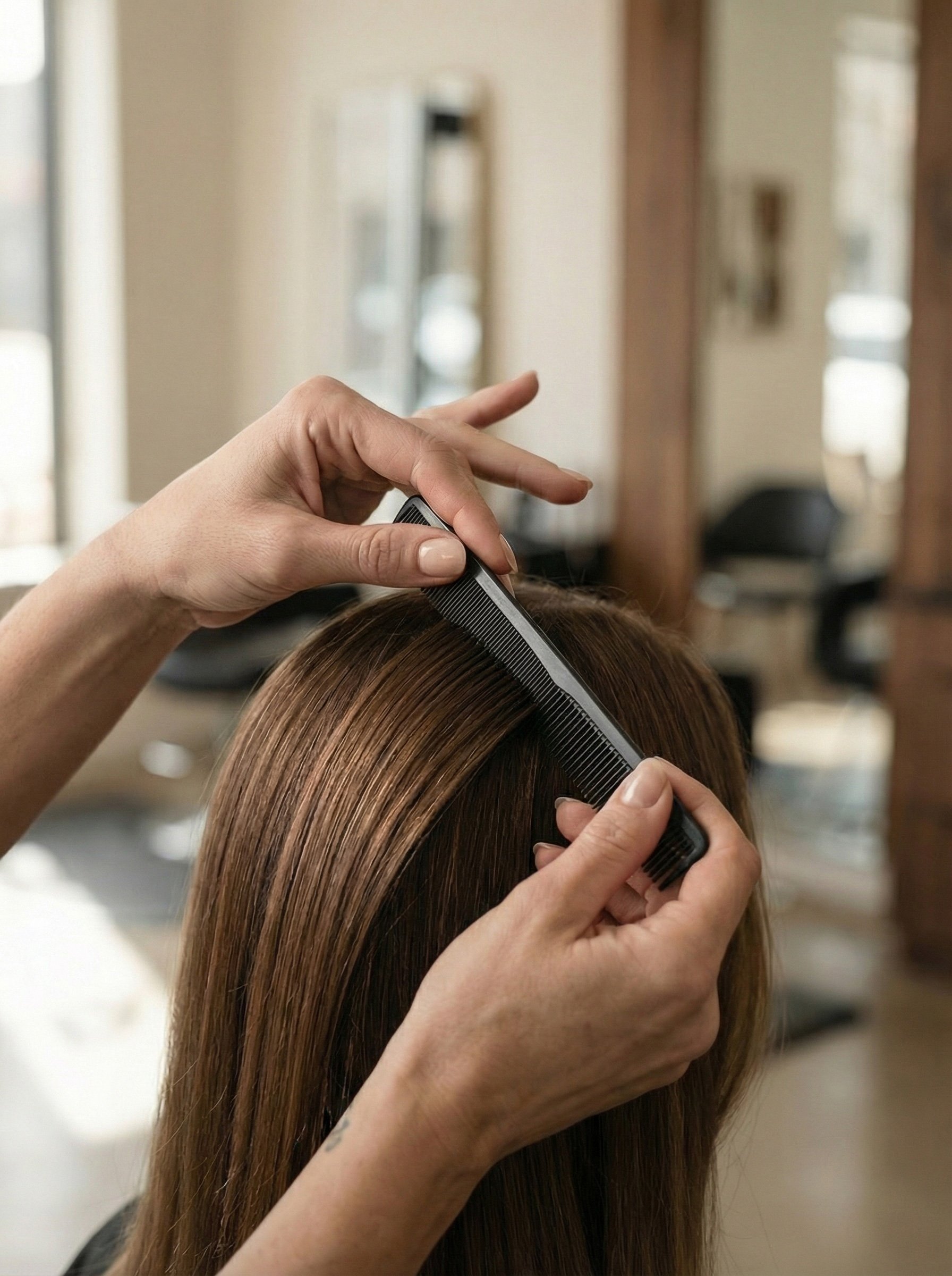 A hairstylist is cutting a woman's long, straight, light brown hair in a salon. The stylist is holding scissors in one hand and a comb in the other, working on the hair.