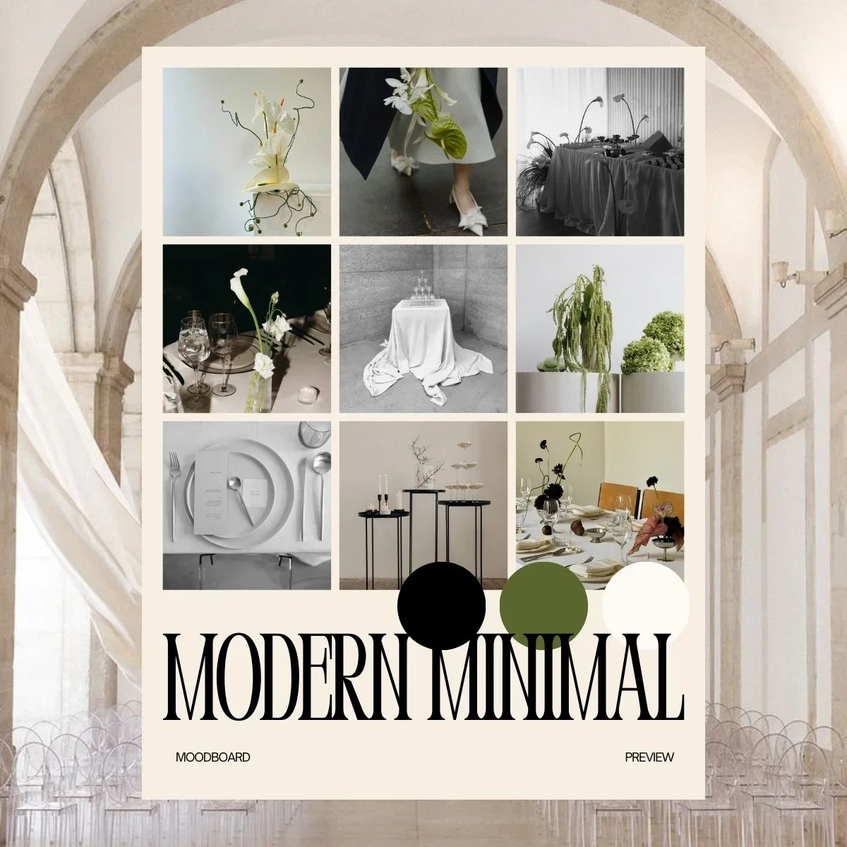 Collage of ten minimalist, modern interior design and decor images, featuring flowers, table settings, and art, with the words "Modern Minimal" and color palette circles