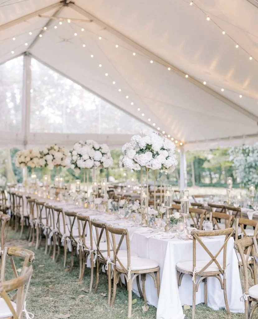 A decorated outdoor tent with a long banquet table set for an event, featuring white floral centerpieces and string lights hanging from the ceiling.