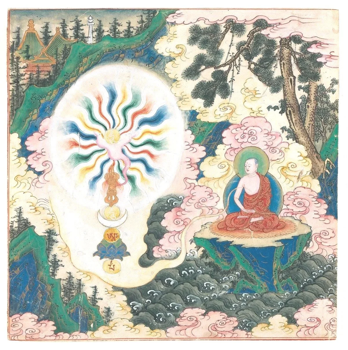 A traditional Buddhist painting depicting a meditating monk on a mountain, surrounded by clouds and trees, with colorful celestial symbols and a radiant aura.