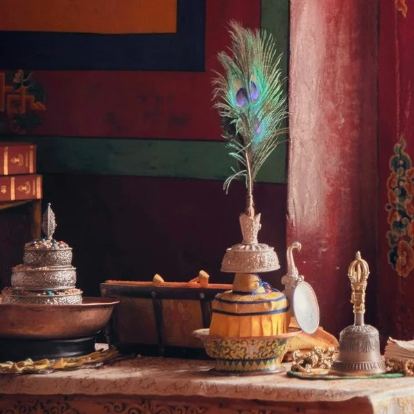 A table with ornate silver and gold objects, a peacock feather in a decorative holder, and colorful wall decor in the background.