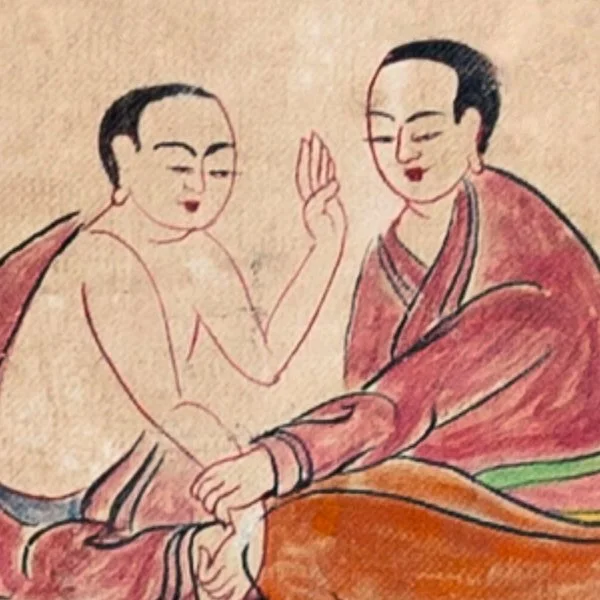 A traditional Asian painting depicting two men, one in a red robe and the other shirtless, sitting close together with one man's hand on the other's leg, both with serene expressions.