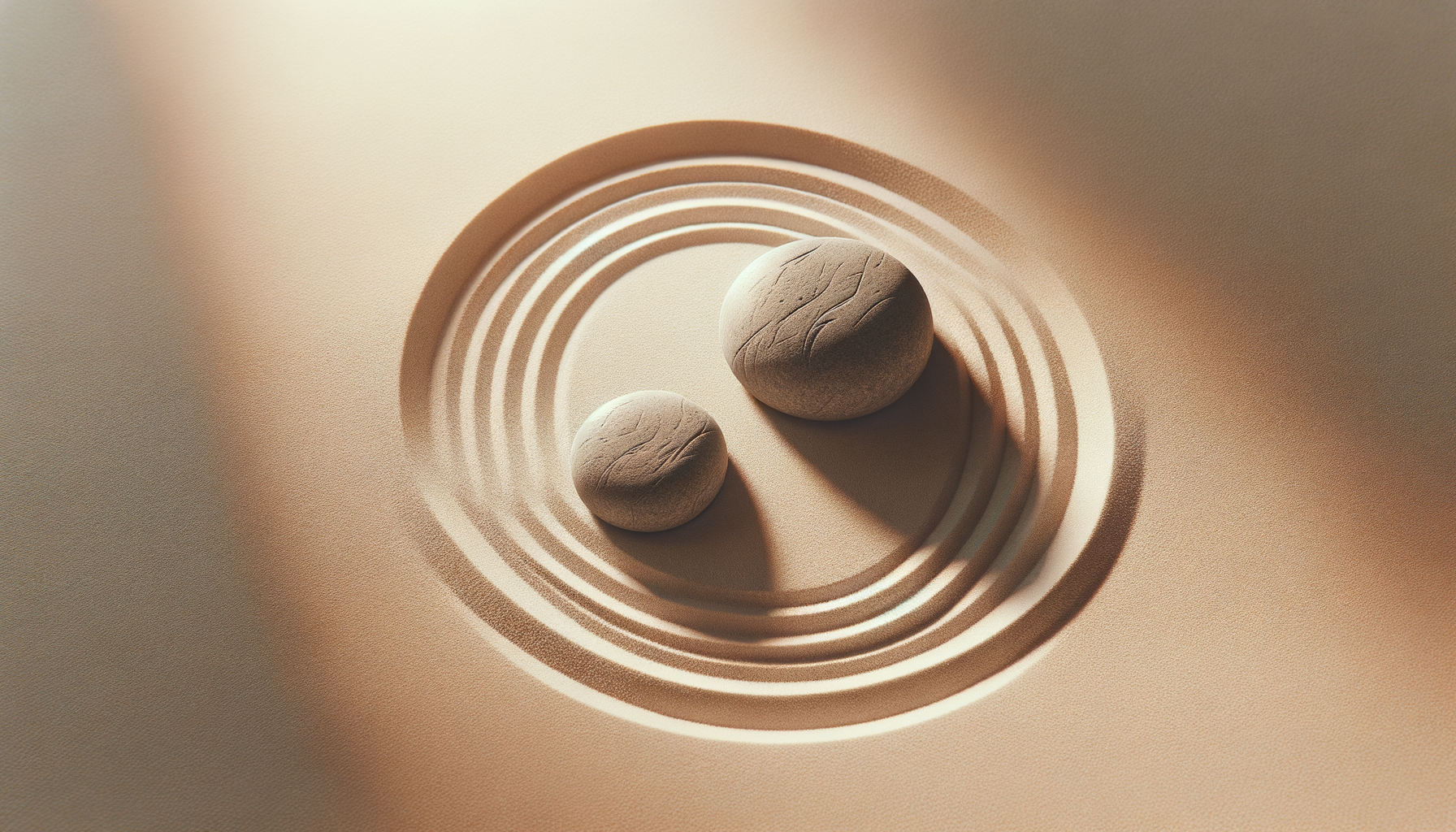 Two round stones placed on a beige textured surface inside a modern concentric circle holder.