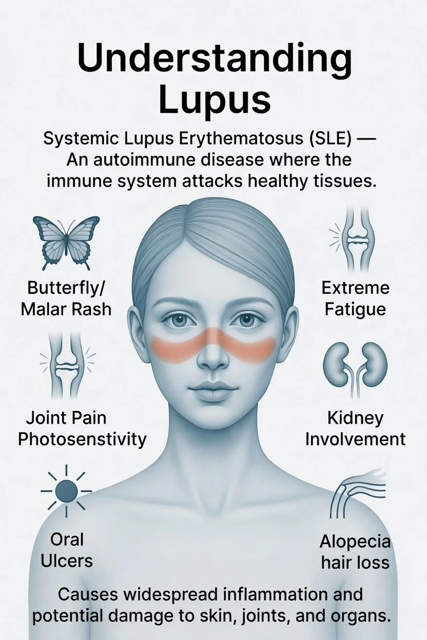 An informational graphic about lupus showing a woman's face with highlighted areas, drawings of butterfly rash, joint pain, kidneys, hair loss, fatigue, and oral ulcers, with explanatory text.