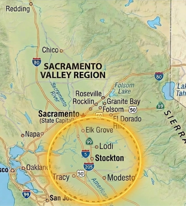 Map showing the Sacramento Valley Region and nearby cities including Sacramento, Stockton, Tracy, Modesto, and Oakland in California. Major highways such as I-80, I-5, and I-205 are visible, with a yellow circle around Sacramento and its neighboring cities.