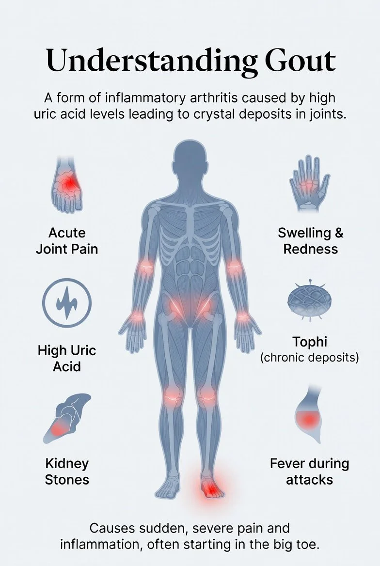 Diagram illustrating symptoms and effects of gout, including joint pain, swelling, redness, kidney stones, tophi, fever, and high uric acid, with a human skeleton highlighting affected areas.