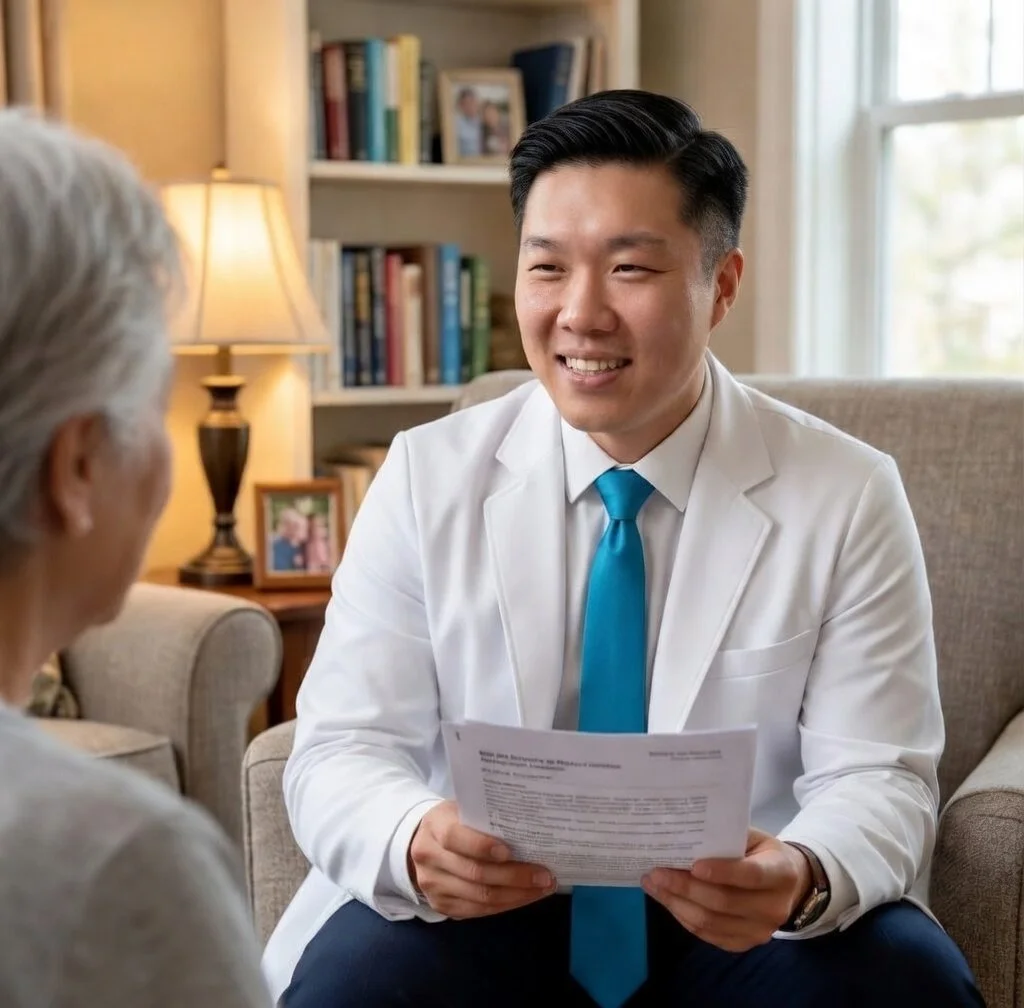 Dr. Joey Kim, Rheumatologist, in a white coat and blue tie sitting on a beige sofa, holding a document and talking to an older woman in a cozy living room with a bookshelf, a framed photo, a lamp, and a window in the background.