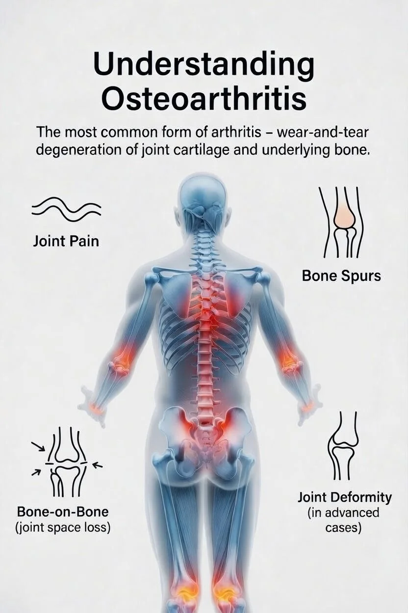 Diagram of a human skeleton highlighting common osteoarthritis-affected joints with illustrations of joint pain, bone spurs, bone-on-bone joint space loss, and joint deformity.