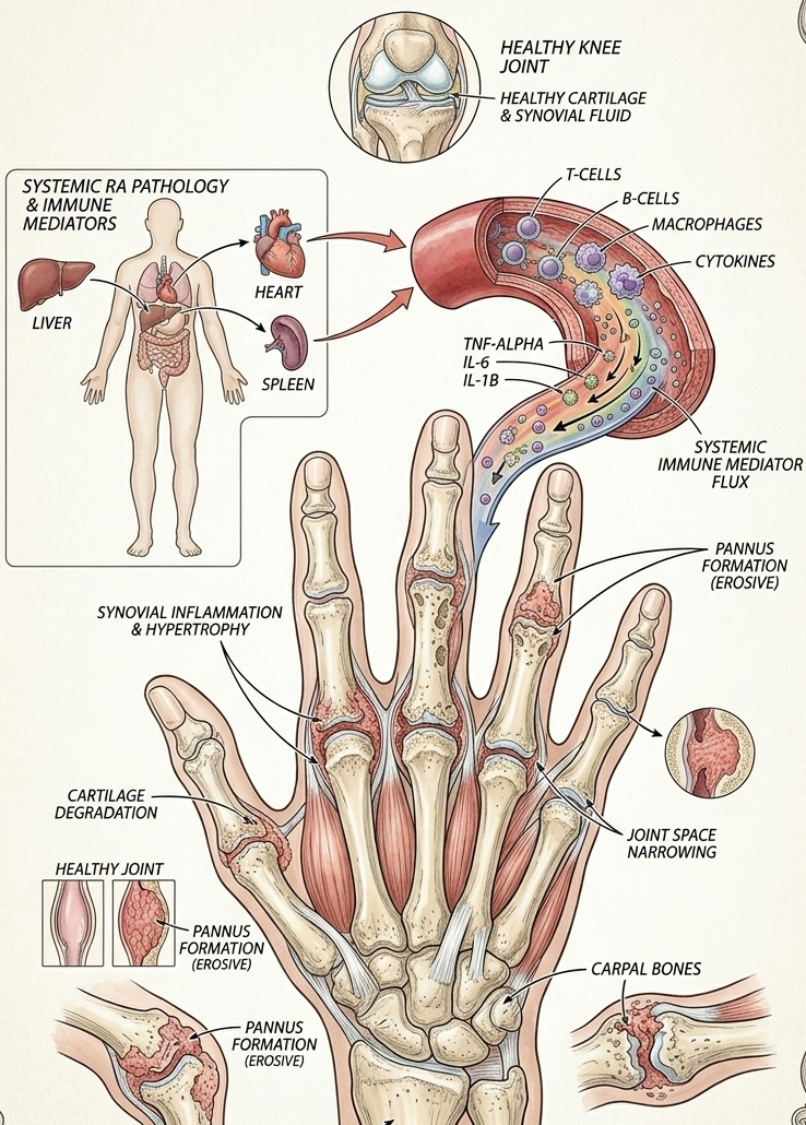 Diagram of rheumatoid arthritis effects showing joint inflammation, cartilage degradation, pannus formation, and immune response involving T-cells, B-cells, macrophages, and cytokines in finger joints, with a focus on synovial inflammation, joint space narrowing, and erosion of carpal bones.