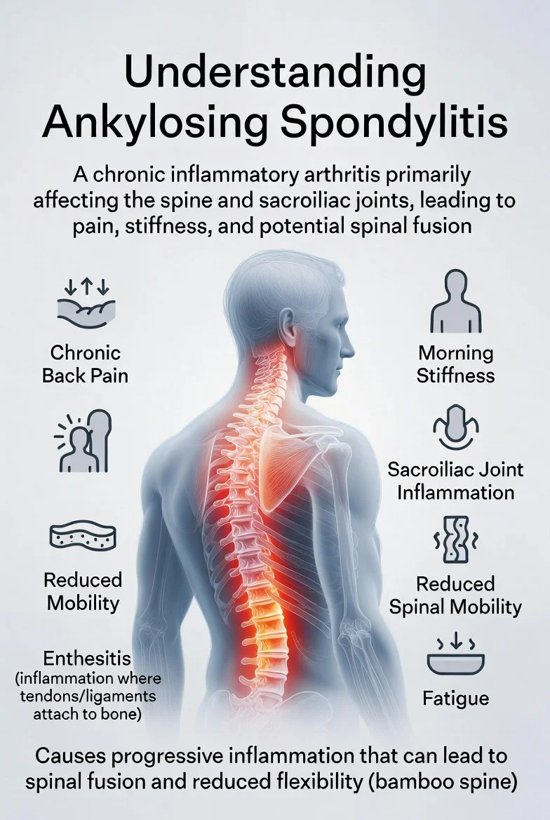 Diagram of a person with highlighted spine illustrating symptoms and effects of ankylosing spondylitis, including chronic back pain, morning stiffness, sacroiliac joint inflammation, reduced mobility, enthesitis, reduced spinal mobility, and fatigue.