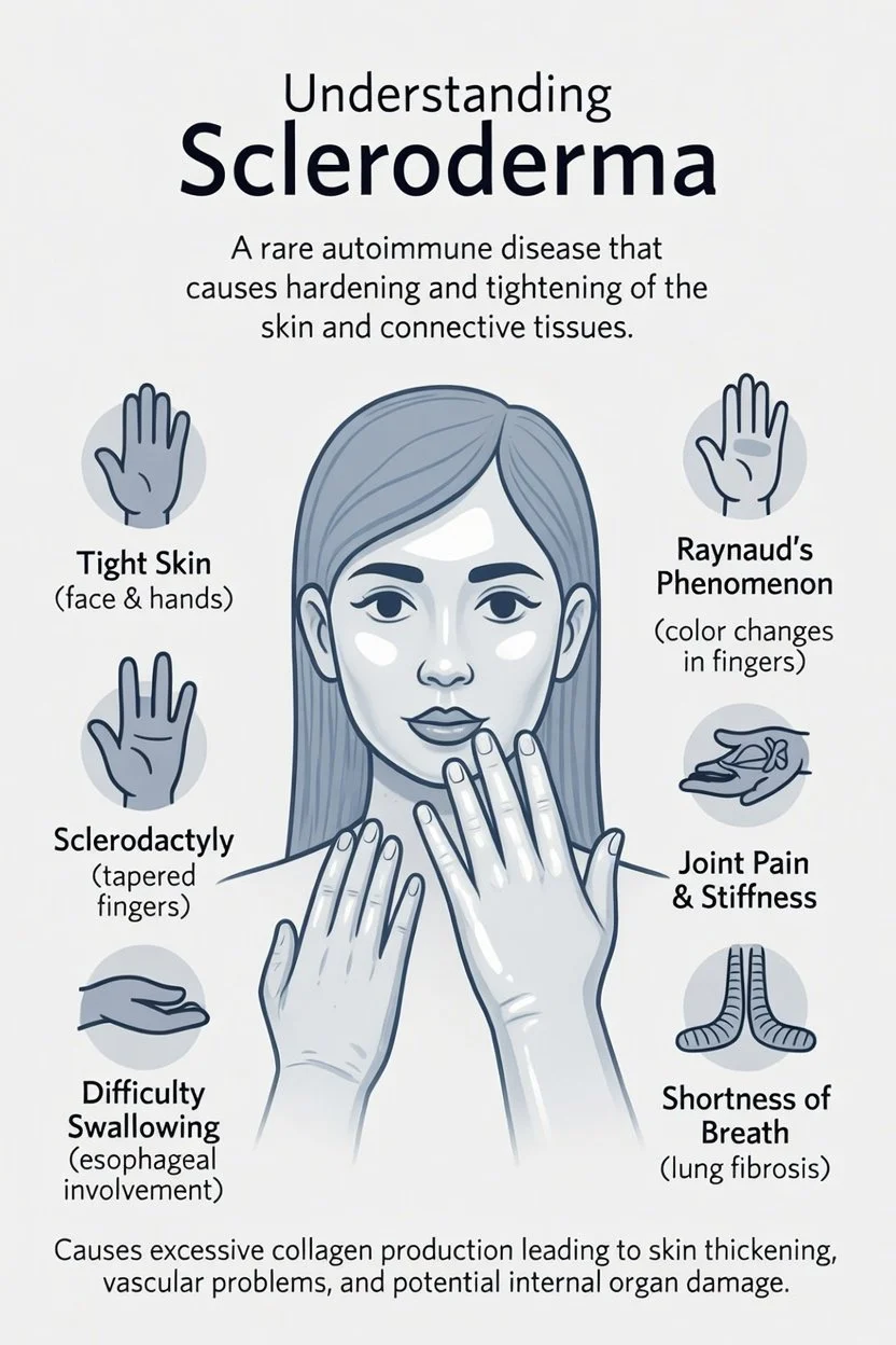 Diagram explaining scleroderma, an autoimmune disease causing skin and connective tissue hardening. Features include tight skin on face and hands, Raynaud's phenomenon with color changes in fingers, sclerodactyly with tapered fingers, joint pain, stiffness, difficulty swallowing, and shortness of breath. An illustration of a woman touching her face and hands is central.