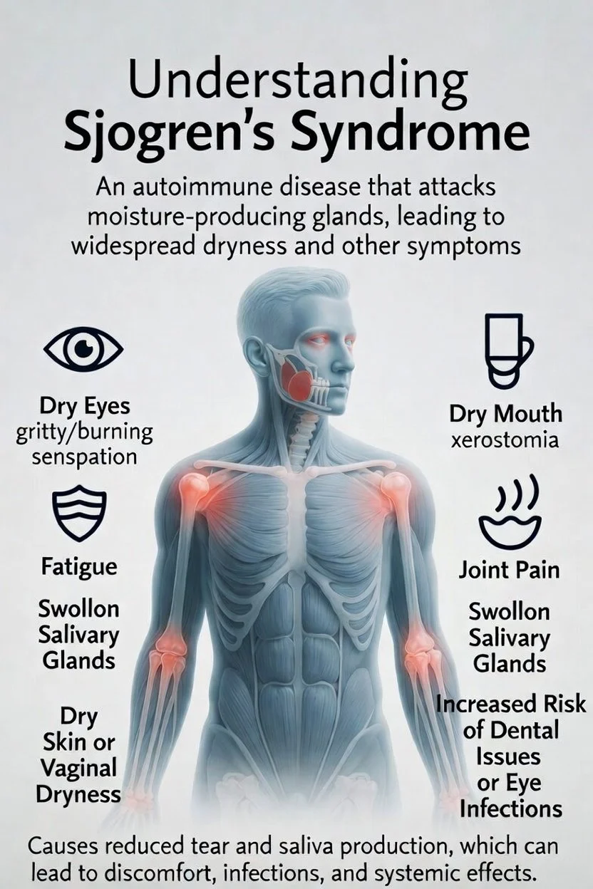 An infographic explaining Sjogren’s Syndrome, an autoimmune disease affecting moisture-producing glands, causing symptoms like dry eyes, dry mouth, joint pain, fatigue, swollen salivary glands, dry skin, and increased risk of dental issues and eye infections.