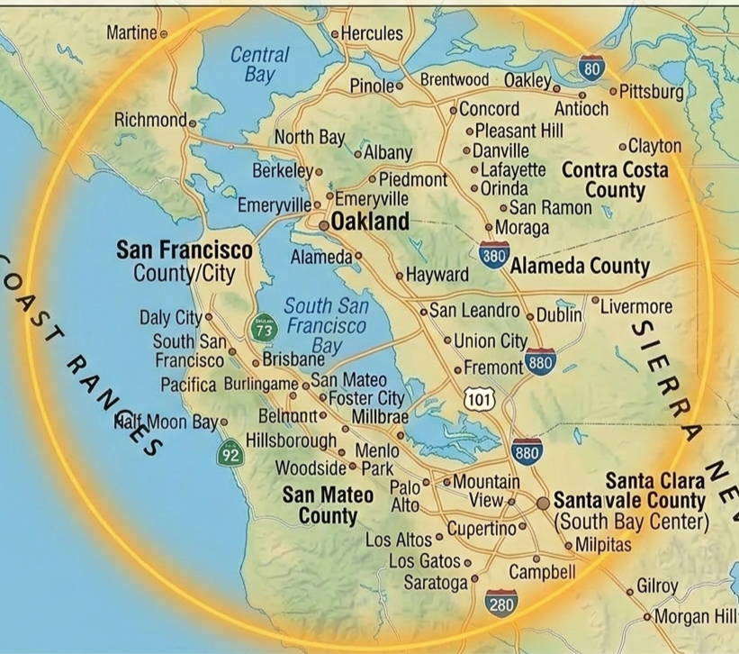 Map highlighting counties and cities in the San Francisco Bay Area, including San Francisco, Oakland, San Mateo County, Santa Clara, Contra Costa County, and Alameda County, with major highways and bodies of water.