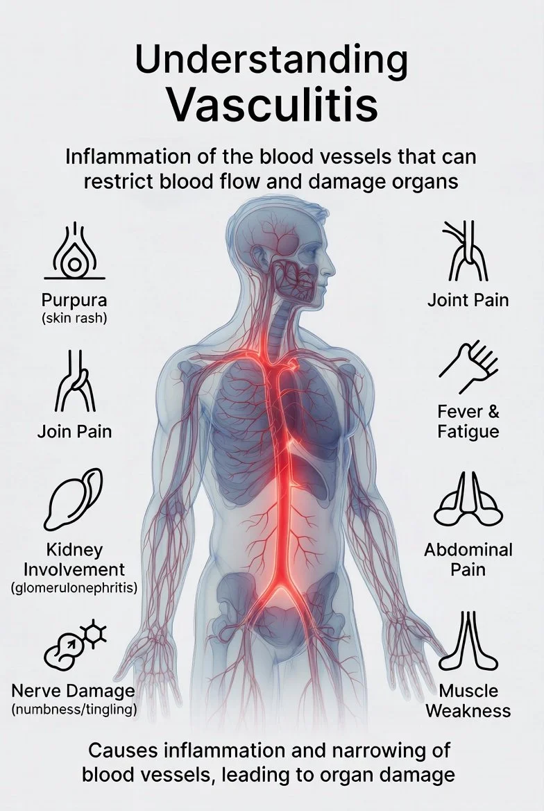 Diagram explaining vasculitis, showing inflammation of blood vessels affecting organs and causing symptoms like skin rash, joint pain, kidney involvement, nerve damage, fever, abdominal pain, and muscle weakness.