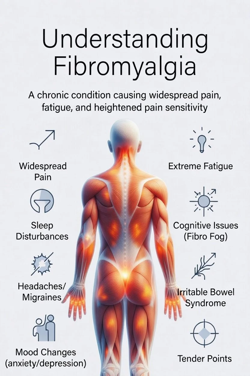 Diagram of a human back highlighting muscles and pain points, with text explaining fibromyalgia symptoms including widespread pain, fatigue, sleep disturbances, headaches, mood changes, cognitive issues, irritable bowel syndrome, tender points, and other symptoms.