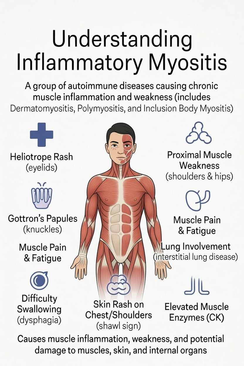 Diagram explaining symptoms and signs of inflammatory myositis, including rash, muscle weakness, pain, fatigue, skin rash, and difficulty swallowing, with labels and icons.