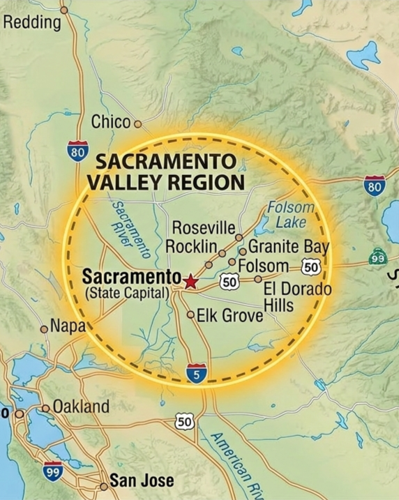 Map of Sacramento Valley Region showing Sacramento as the state capital and nearby cities like Chico, Napa, San Jose, Oaklad, and others, with major highways and rivers.