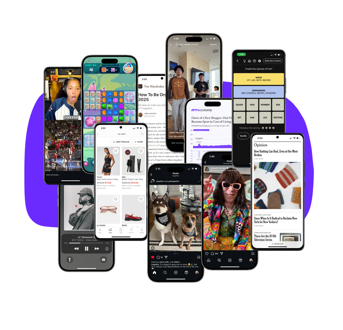 A collage of multiple smartphones displaying different social media posts, videos, and apps, with a purple circle background.