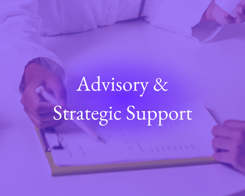 Close-up of two people reviewing a document with the text 'Advisory & Strategic Support' overlayed.