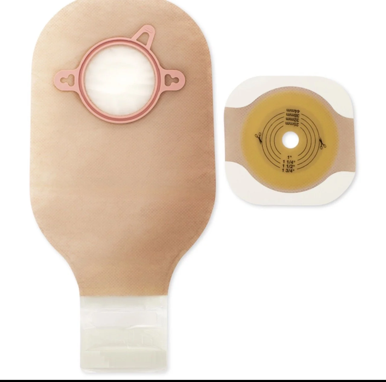 A medical ostomy bag with a pink barrier and a round hole, along with a matching adhesive ring for sealing around a stoma.