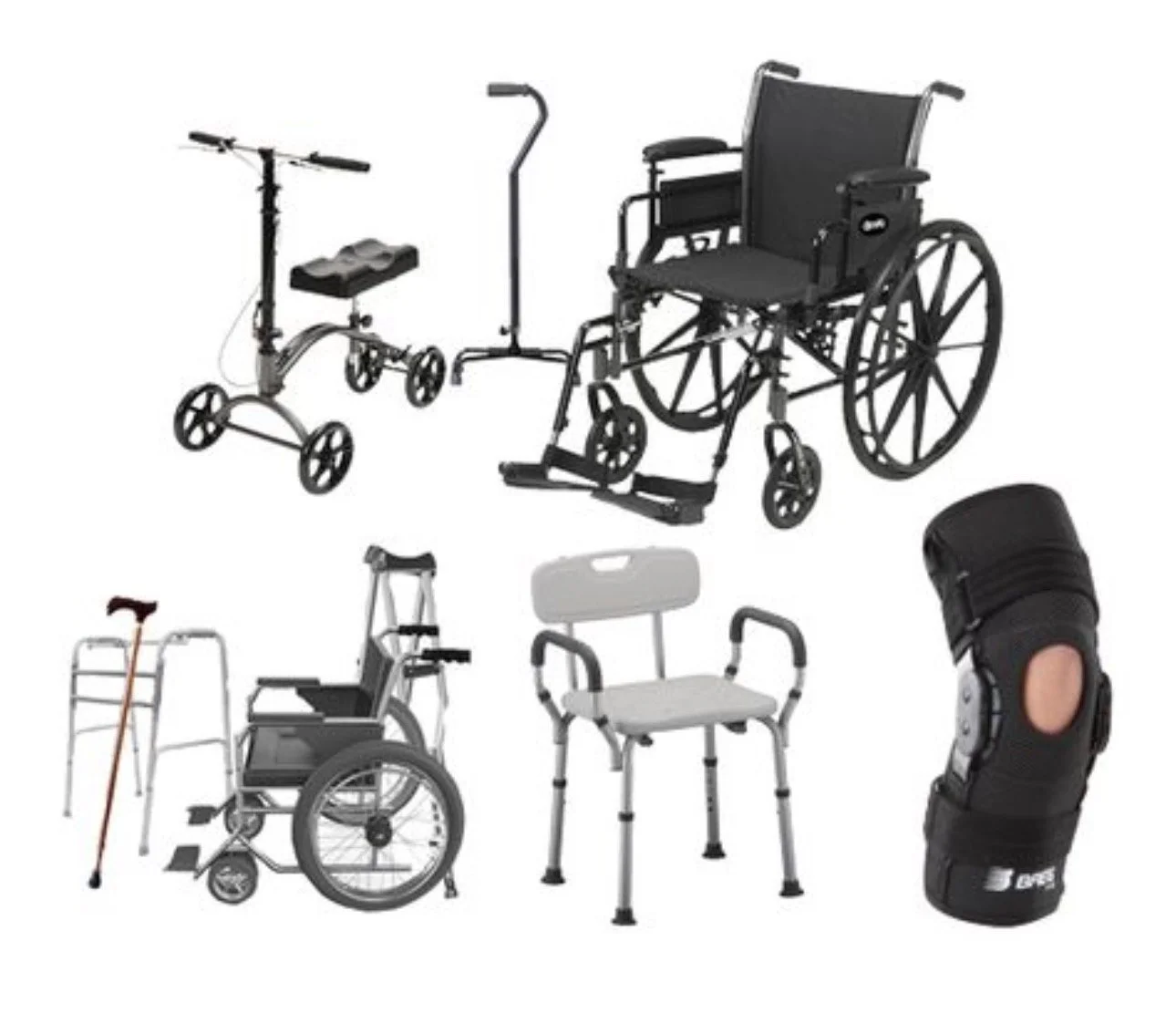 Collection of mobility aids including manual wheelchairs, a power wheelchair, a walker, a rollator, a shower chair, and a prosthetic limb.