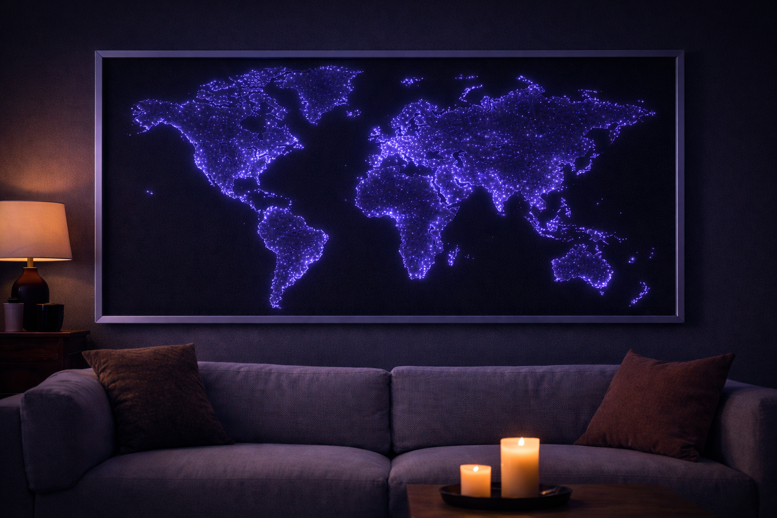 A living room with a large illuminated world map on the wall, displaying glowing blue lights depicting continents. There is a gray sofa with brown and gray pillows, a wooden side table with a lamp, and a set of lit candles on a dark tray on a coffee table.