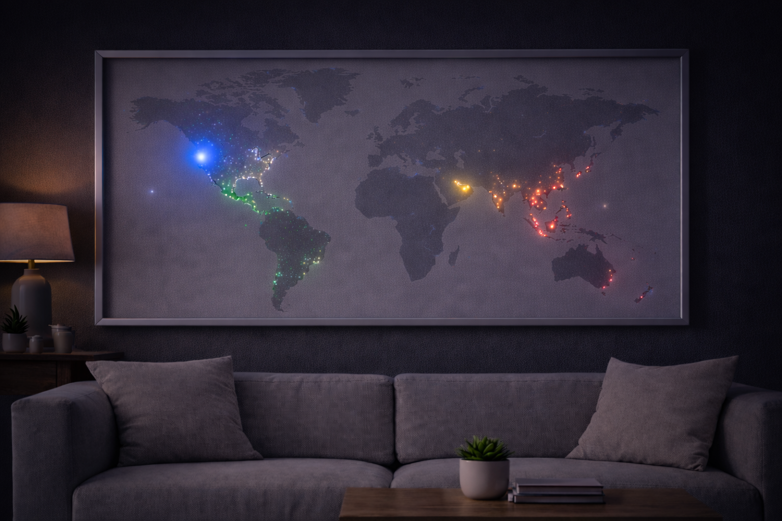 Digital world map on wall in a living room, illuminated with colorful lights highlighting countries, blue in North America, green in Central and South America, yellow in Asia, red in Australia, set in a modern cozy interior.