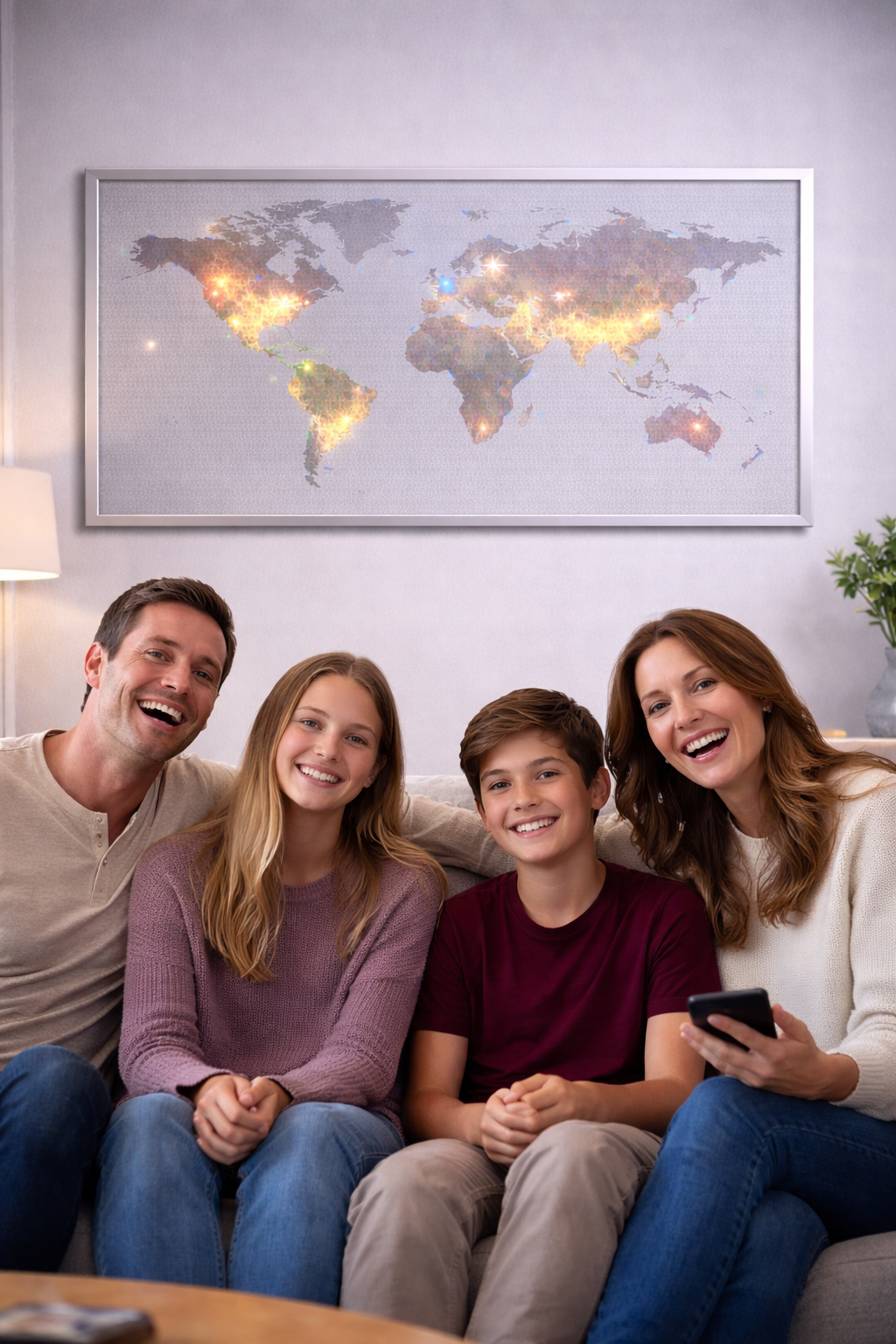 A family of four sitting on a couch, smiling, with a world map illuminated in the background.