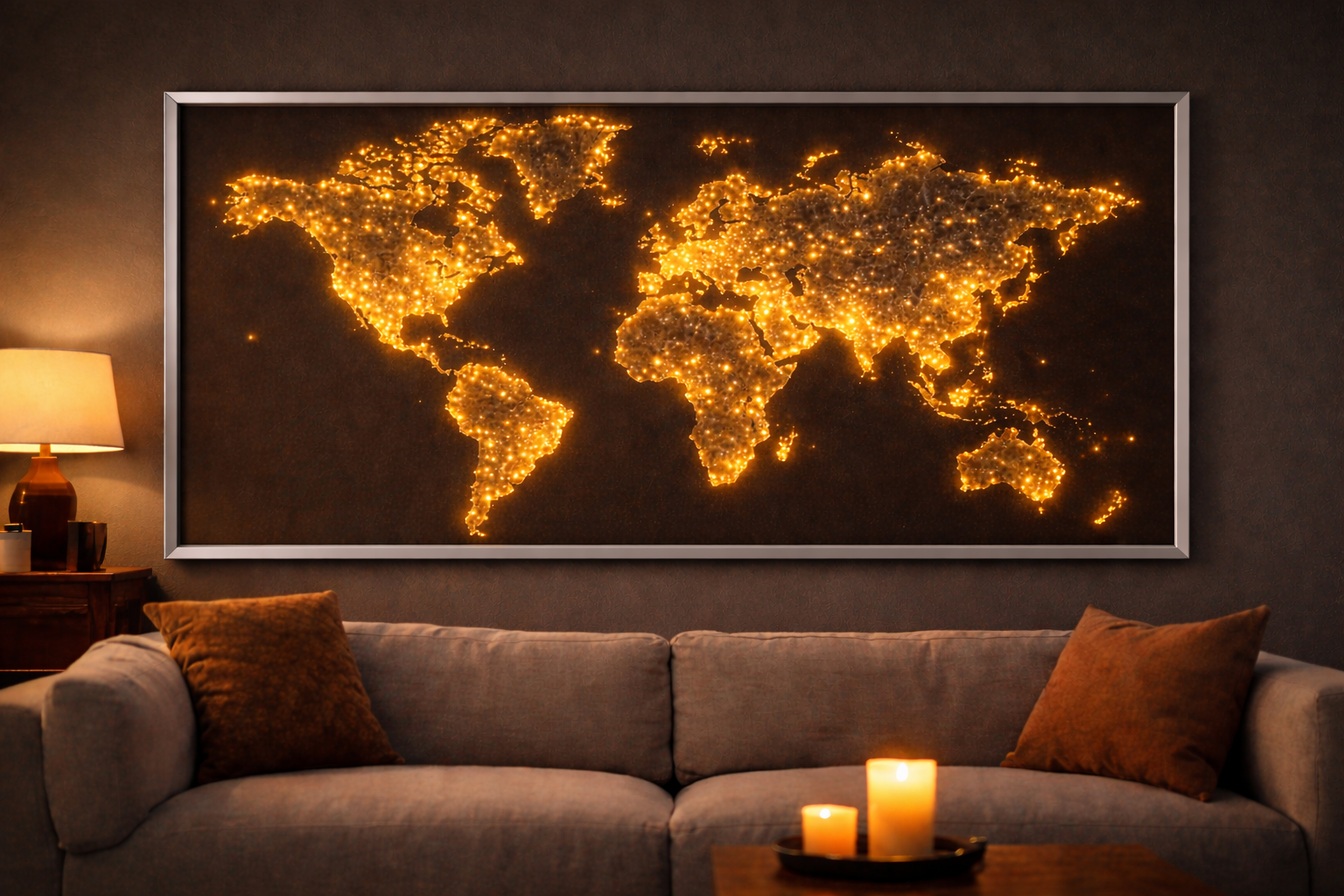 A framed map of the world illuminated with glowing lights, hung on a dark wall above a beige sofa with two brown cushions, in a cozy living room with a wooden side table, a lit table lamp, and candles.