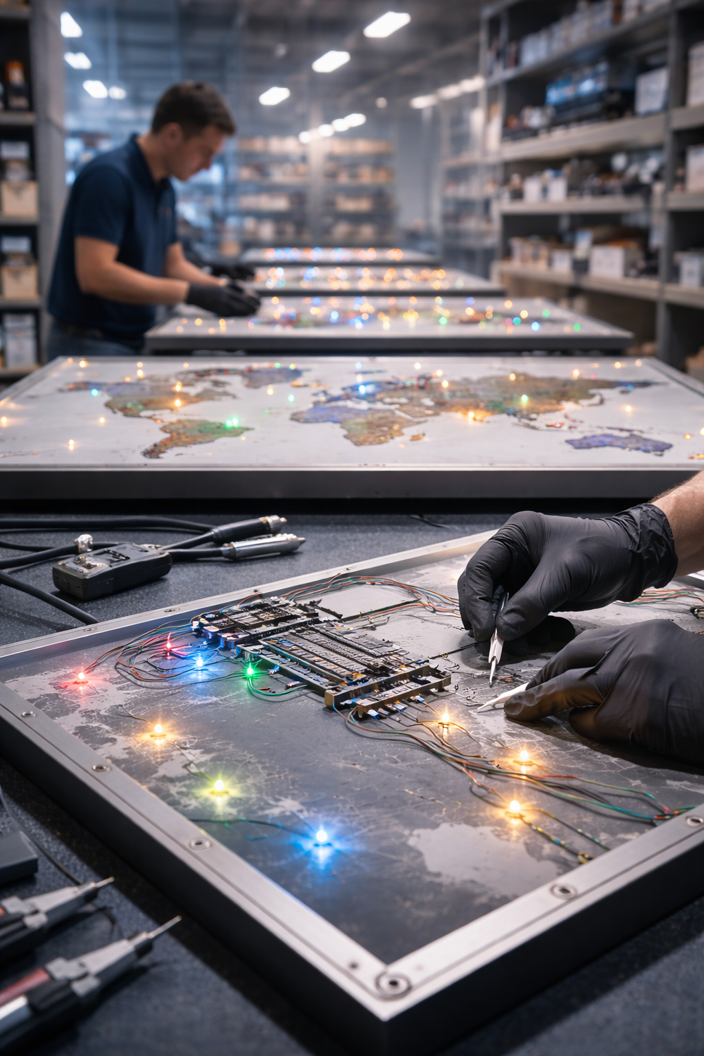 People working on electronic circuit boards with world maps and colorful lights in a workshop or lab setting.