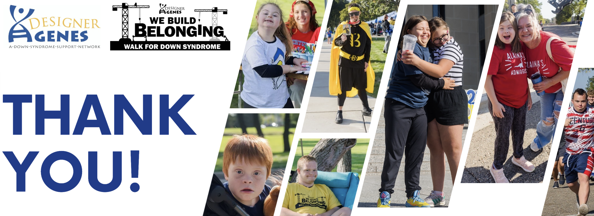 collage of people participating in a walkathon supporting Down syndrome awareness, with children and adults smiling, hugging, and enjoying outdoor activities, along with logos and text thanking supporters and promoting the event.