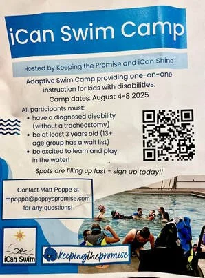 Flyer for iCan Swim Camp with details about adaptive swimming for children with disabilities, camp dates August 4-8, 2025, including contact information and photos of children swimming in a pool.