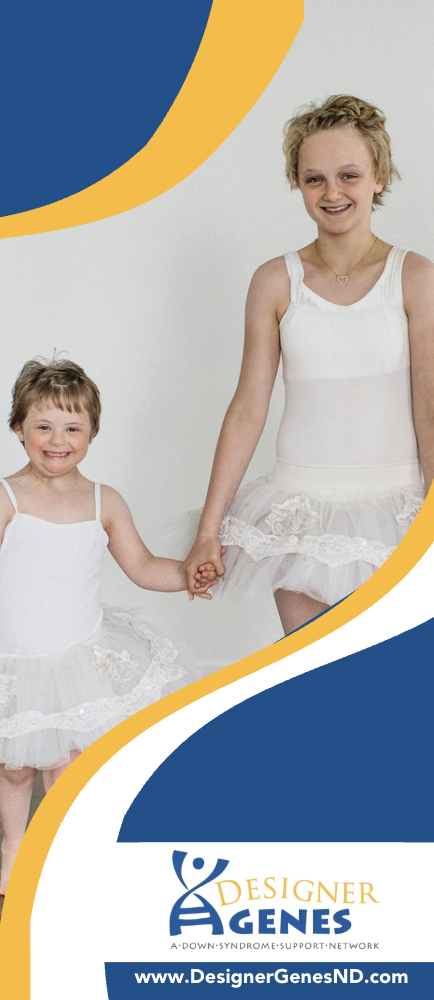 Two young girls in white ballet tutus holding hands, smiling, with a logo for Designer Genes and website at the bottom.