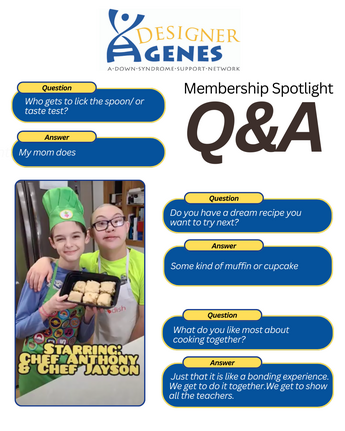 Children wearing chef hats and aprons, holding a tray of muffins or cupcakes, in a cooking activity with a Q&A template about their experience.