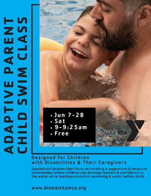 A father and son enjoying a swimming lesson together, smiling in a pool, promoting adaptive parent-child swim class by YMCA for children with disabilities.
