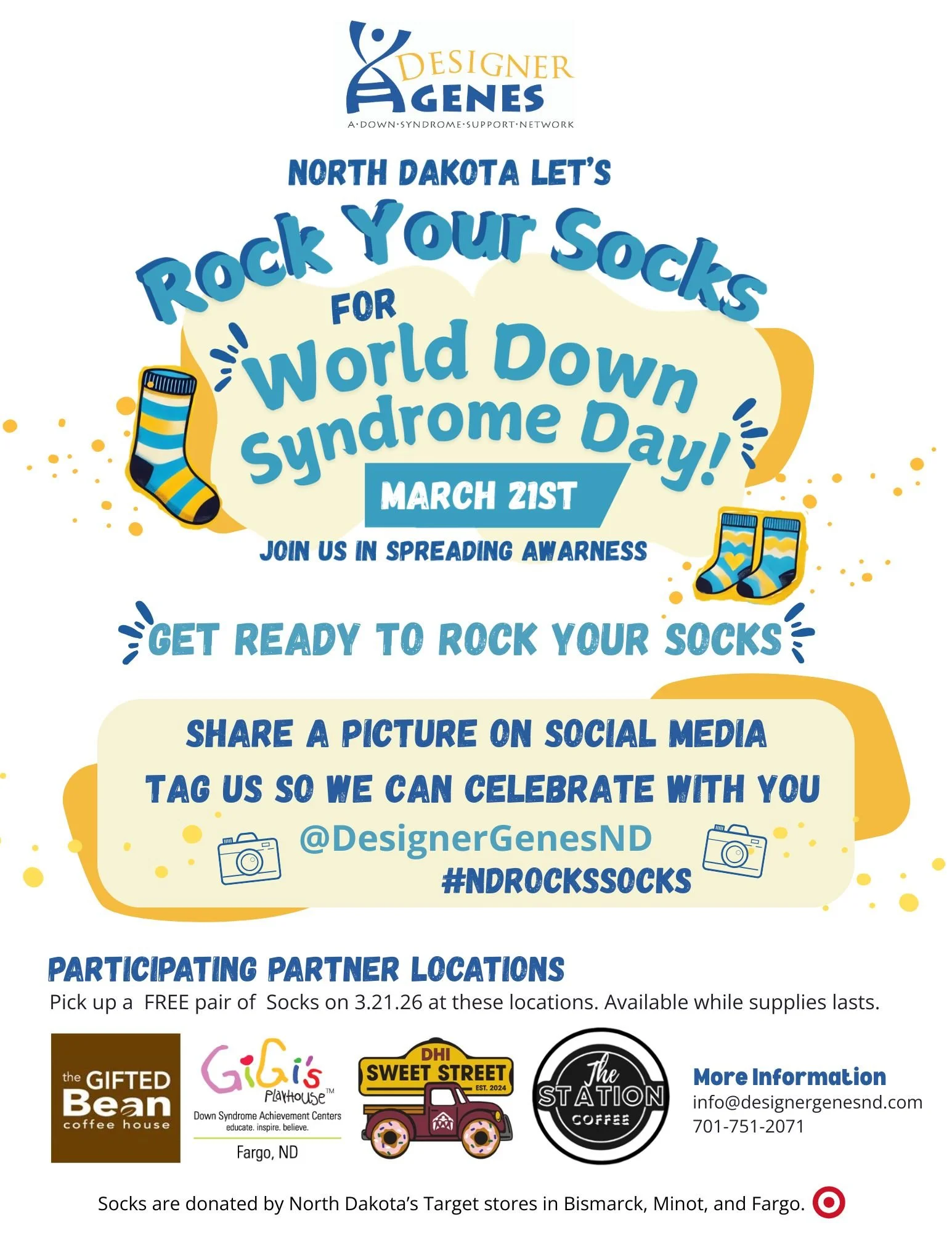 An informational graphic encouraging North Dakota to participate in World Down Syndrome Day by rocking socks on March 21st. It includes logos, social media handles, and participating partner locations in Fargo, Bismarck, and Minot, emphasizing spreading awareness and donating socks.
