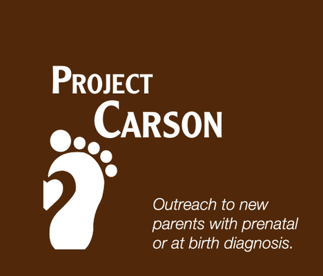 Logo for Project Carson featuring a stylized white footprint with a heart-shaped heel on a brown background, with text indicating outreach to new parents with prenatal or at birth diagnosis.