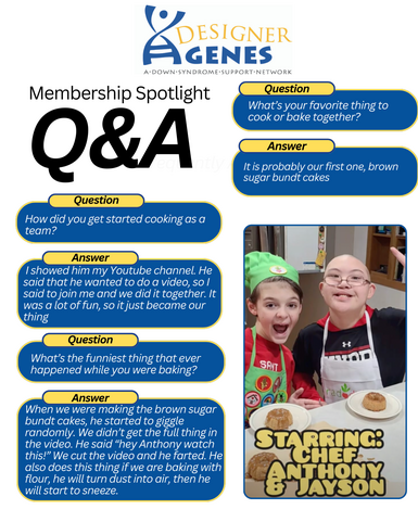 Designs for a membership spotlight Q&A featuring Chef Anthony and Jayson, with a photo of two children wearing aprons, a badge, and green hairnets. Blue and yellow question and answer sections are included.