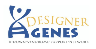 Logo for Designer Genes, a support network for Down syndrome, featuring a stylized DNA strand with a person at the top and text in gold and blue.