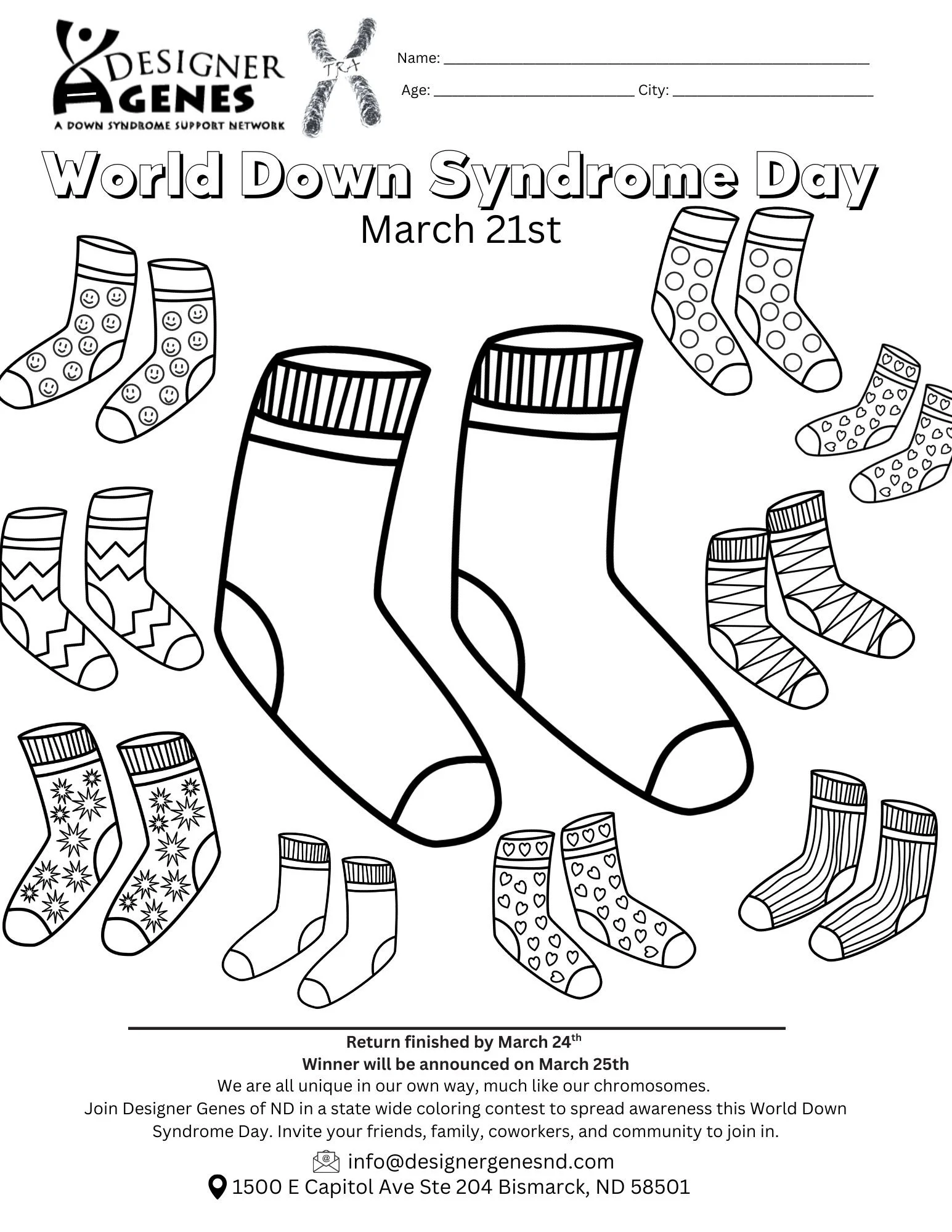 A black and white flyer for World Down Syndrome Day on March 21st, featuring illustrations of various colorful socks. The flyer promotes a coloring contest and provides contact information and a location in Bismarck, North Dakota.