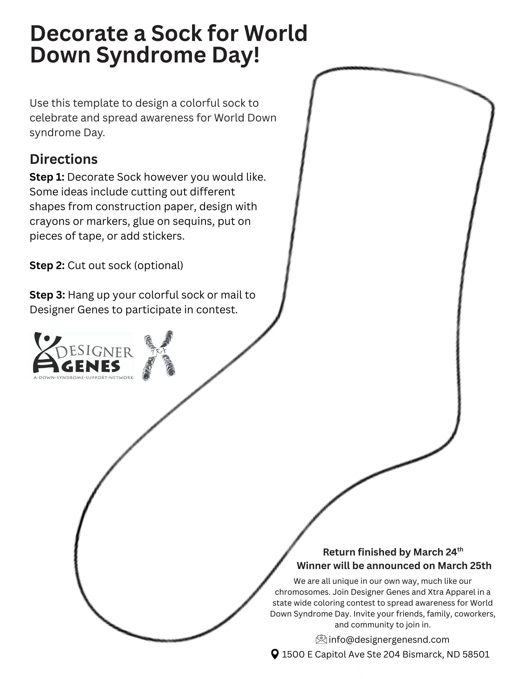 Informational flyer about decorating socks for World Down Syndrome Day, including steps to decorate socks, contest details, and contact information with an address in Bismarck, North Dakota.